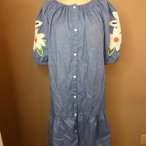 VTG Smart Time Women's M Boho Dress Mumu Style Embroidered Sleeves Floral Blue